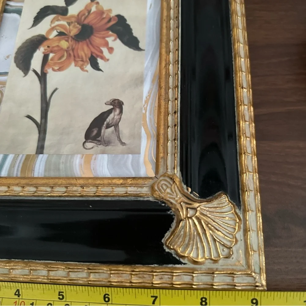 Surreal Sunflower & Dog Art Postcard Print Framed Art Nouveau Frame Black Gold